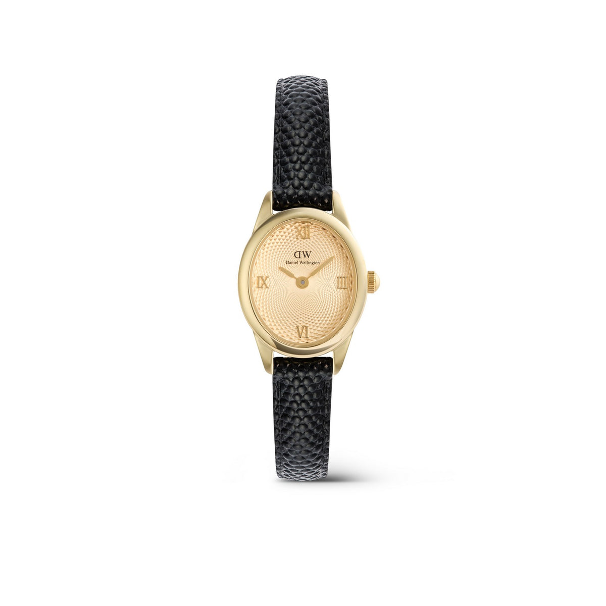 Gold watch with black strap on a white background