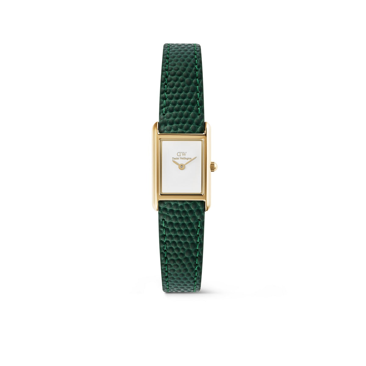 Watch with green strap and gold case on a white background