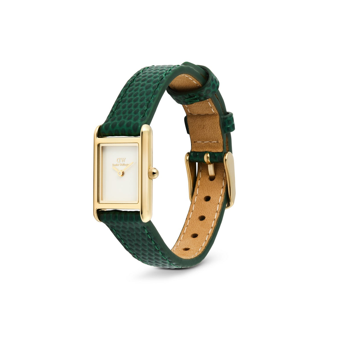 Watch with green strap and gold case on a white background