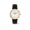 Watch with black leather strap and gold case on a white background
