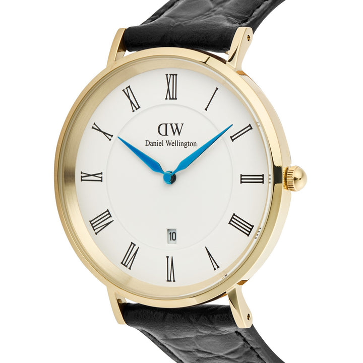 Daniel Wellington watch with gold case, black leather strap, and white dial with blue hands.