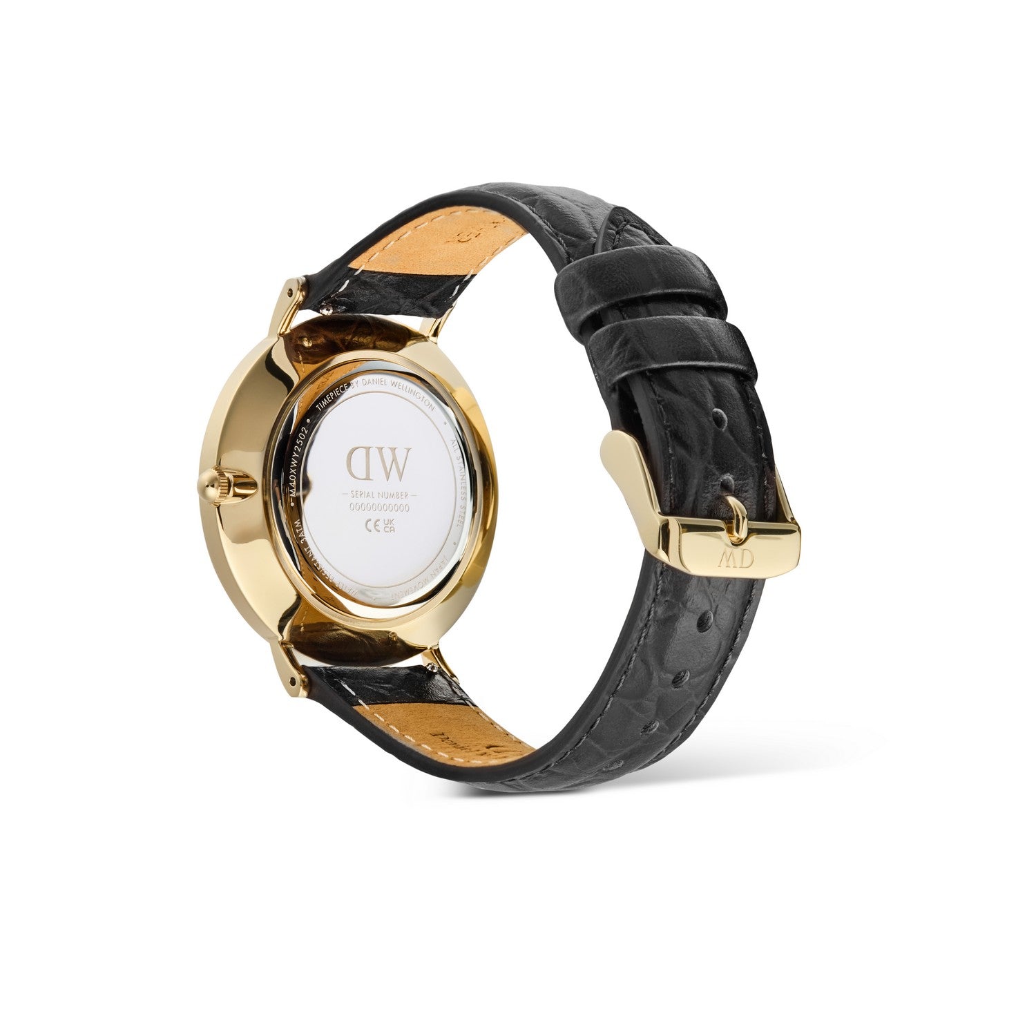Watch with black leather strap and gold case on a white background