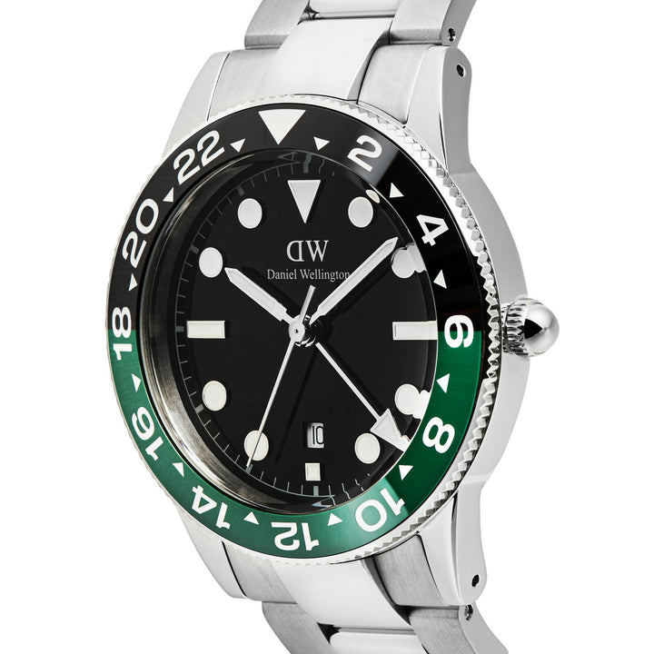 Daniel Wellington watch with black and green bezel on a white background