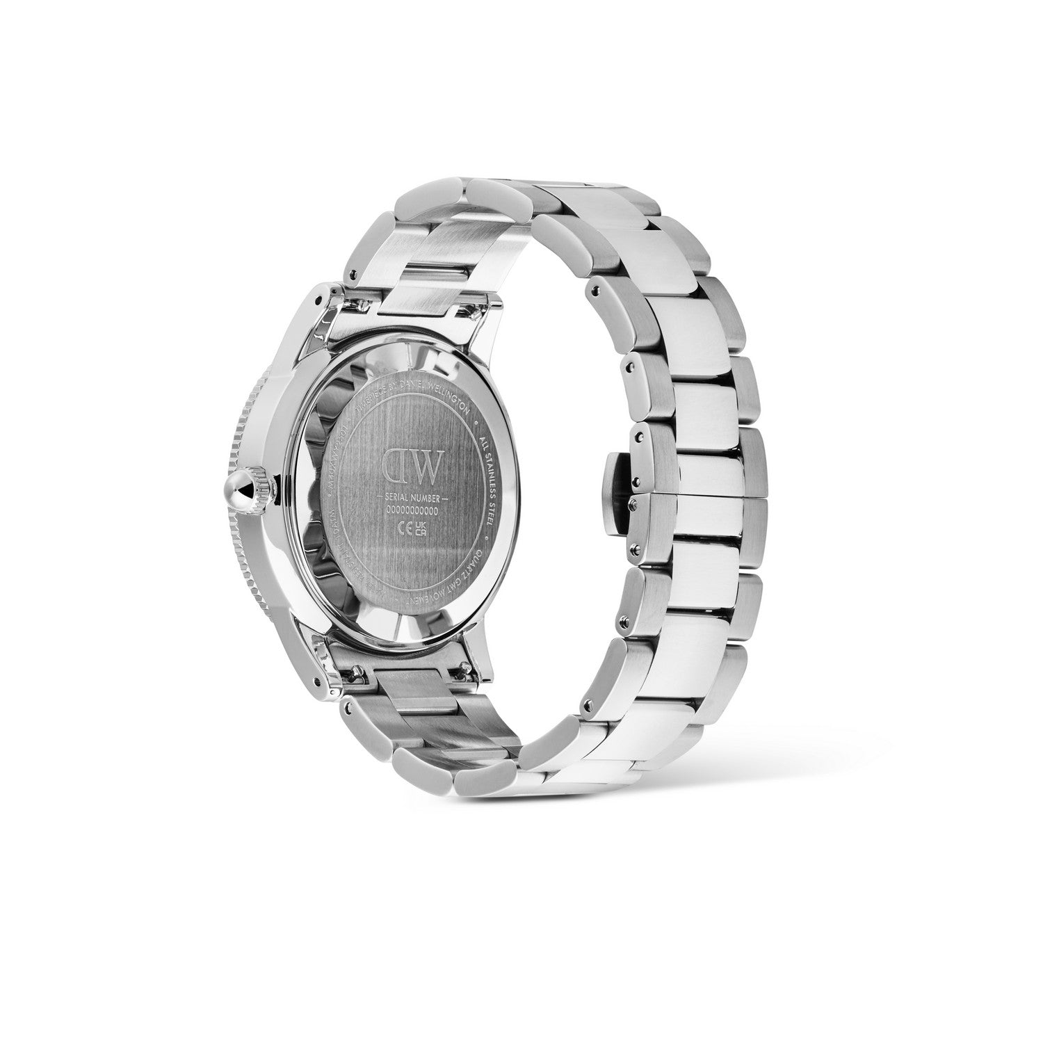 Silver watch with black and green face on a white background