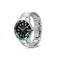 Silver watch with black and green face on a white background
