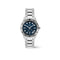 Silver watch with a blue dial on a white background