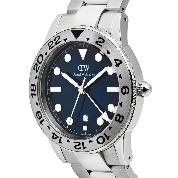 Silver watch with blue dial on a white background