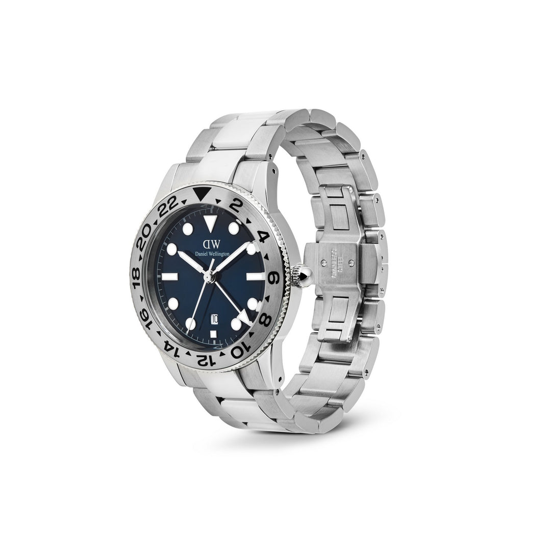 Silver watch with a blue dial on a white background