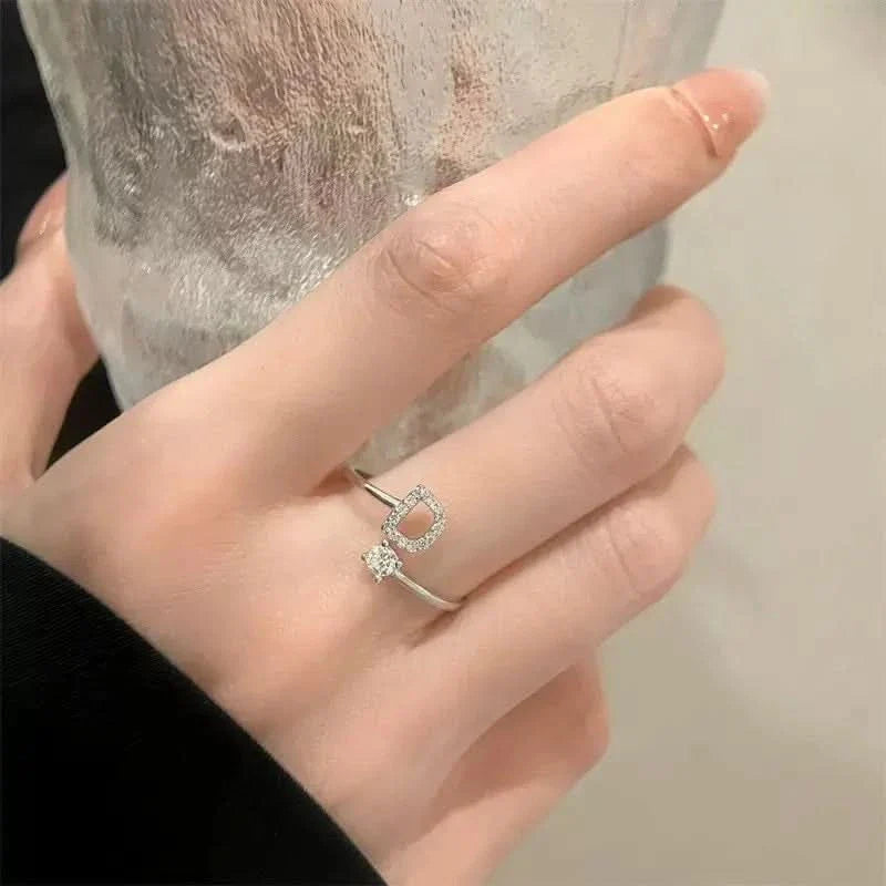 Diamond Initial Letter Silver Ring