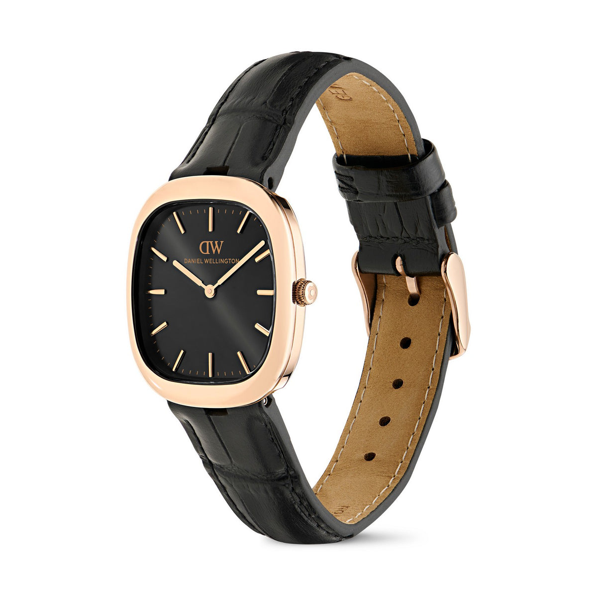 A Daniel Wellington wristwatch with a black dial, a gold-tone case, and a black alligator leather strap with a tan interior, shown on a white background.