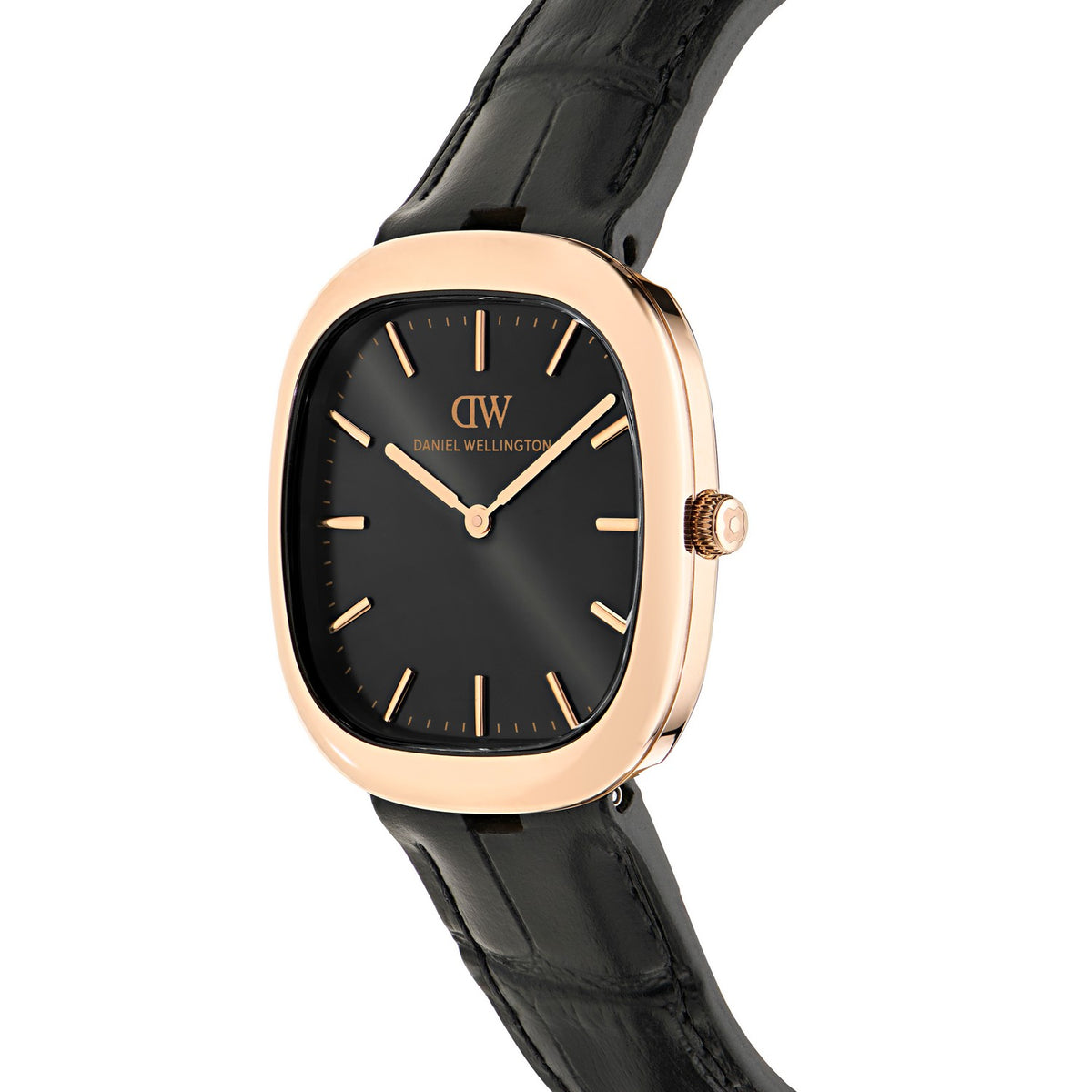 Daniel Wellington watch with a black dial, gold-toned case, and a black leather strap, shown on a plain white background.
