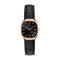 Daniel Wellington watch with a black dial, rose gold case, and black alligator leather strap, shown against a plain white background.