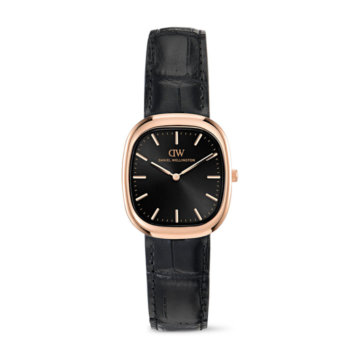 Daniel Wellington watch with a black dial, rose gold case, and black alligator leather strap, shown against a plain white background.
