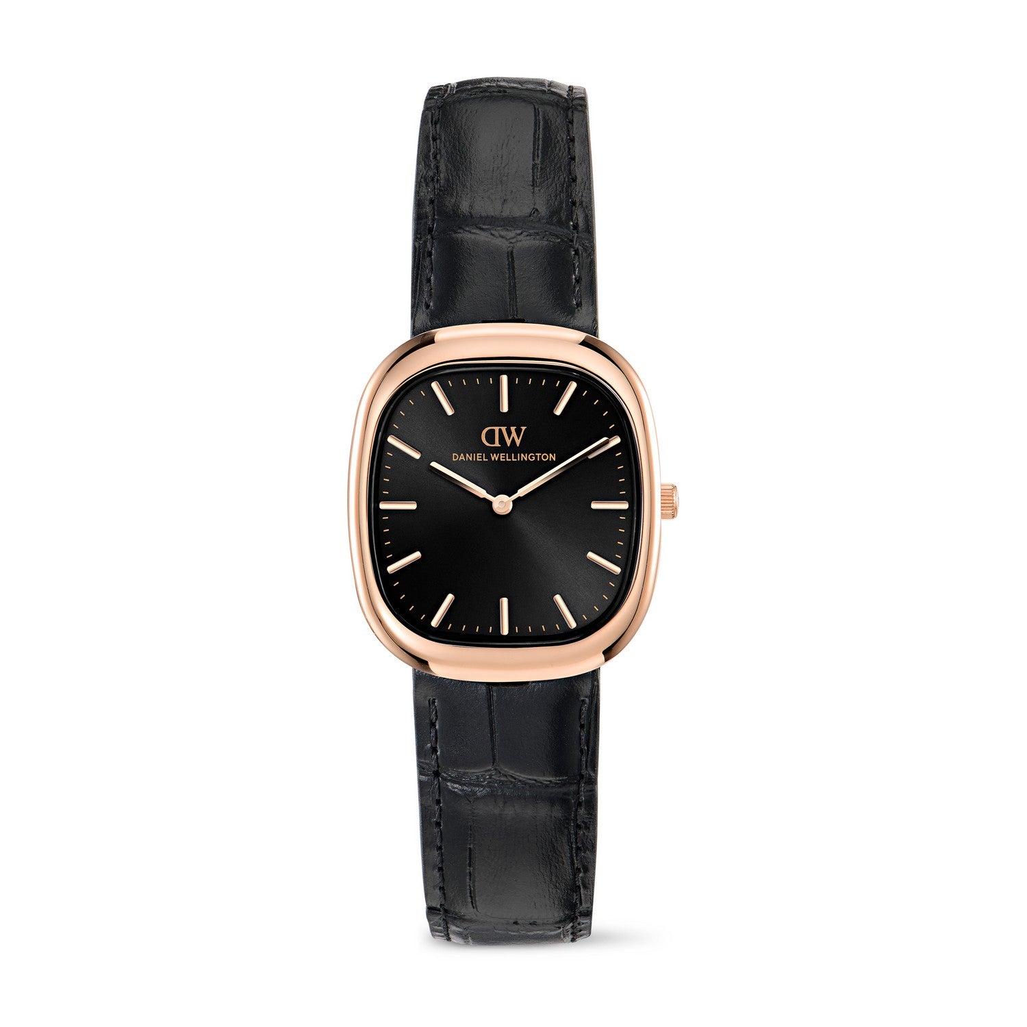 Daniel Wellington watch with a black dial, rose gold case, and black alligator leather strap, shown against a plain white background.