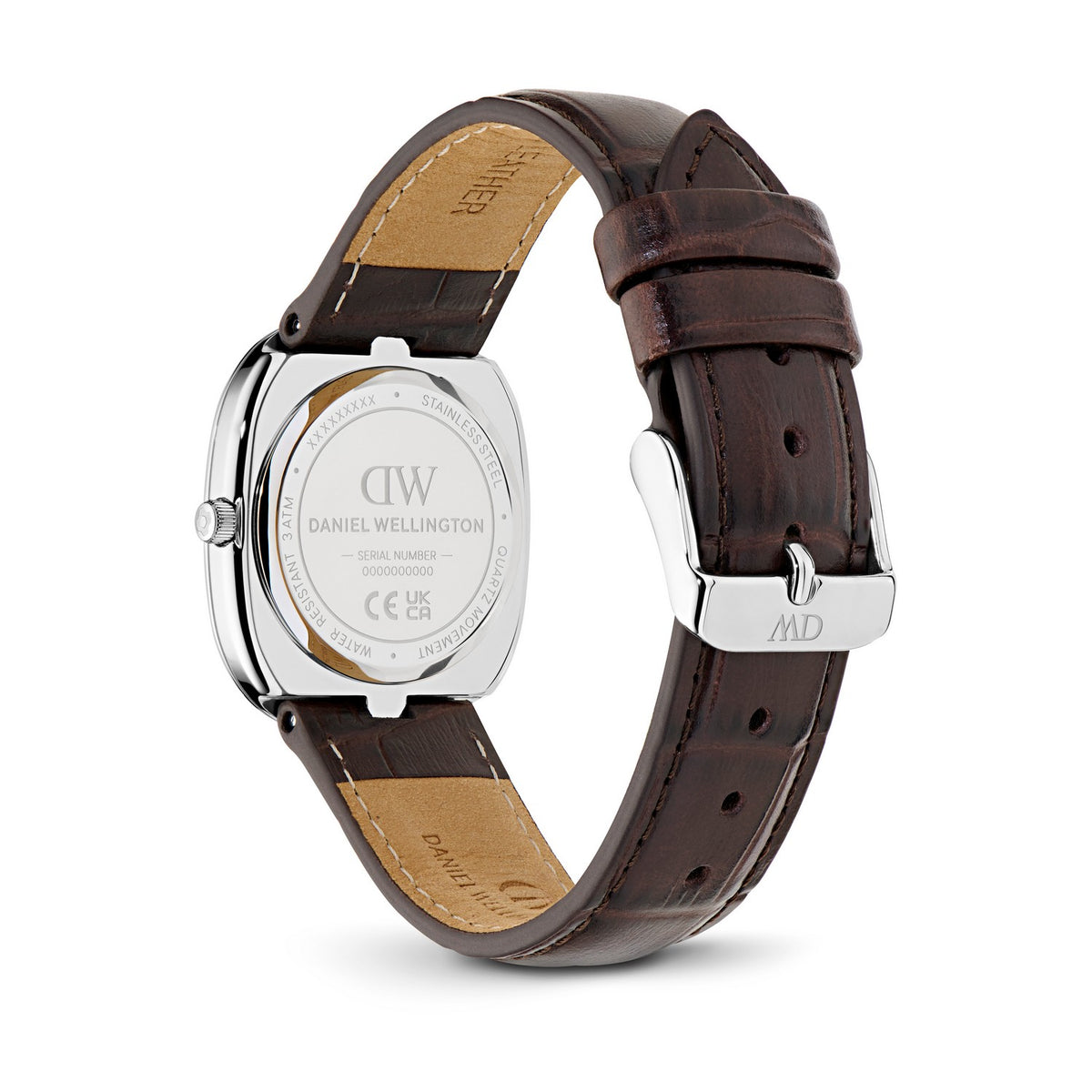 Daniel Wellington men's watch with a dark brown leather strap, shown from the back to display the silver-toned case back and buckle engraved with the DW logo.