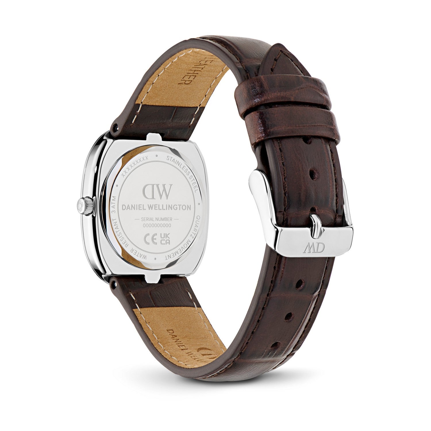Daniel Wellington men's watch with a dark brown leather strap, shown from the back to display the silver-toned case back and buckle engraved with the DW logo.