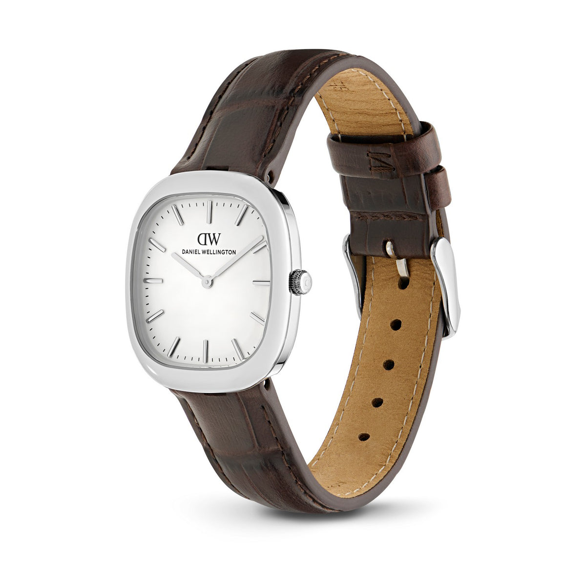 Daniel Wellington men's watch with a silver stainless steel case, white dial, and a dark brown alligator-patterned leather strap with a tan interior.