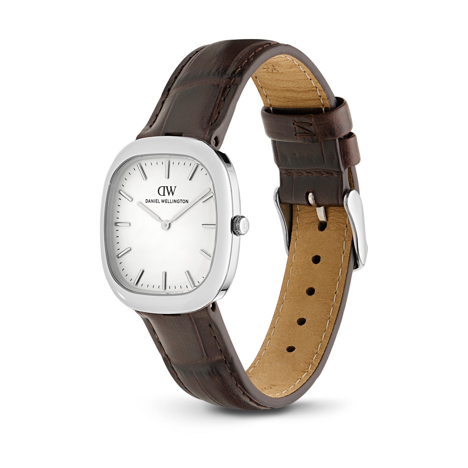 A Daniel Wellington wristwatch with a silver-toned rectangular case, white dial, and dark brown leather strap, shown against a plain white background.