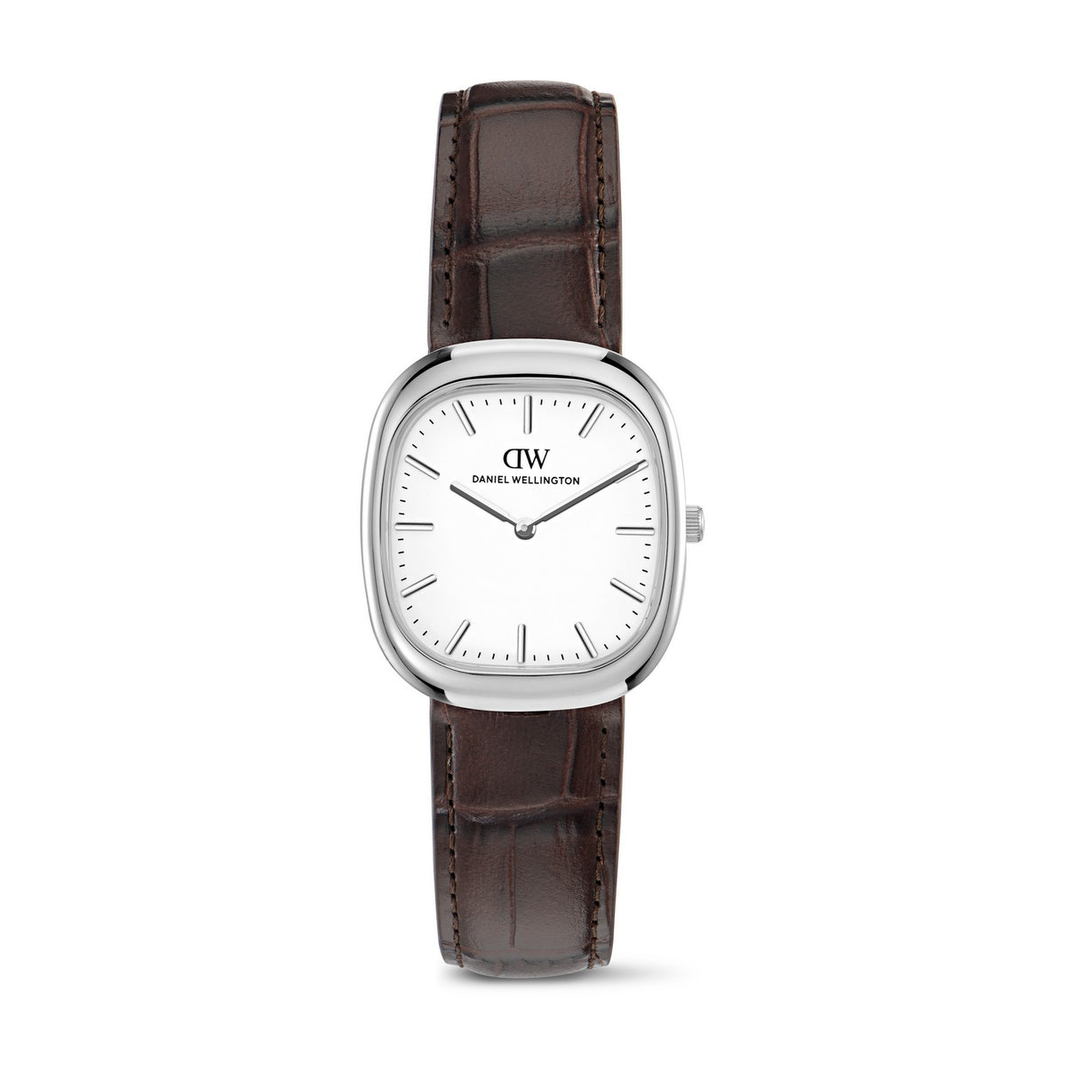 A Daniel Wellington wristwatch with a silver-toned rectangular case, white dial, and dark brown leather strap, shown against a plain white background.