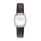 A Daniel Wellington wristwatch with a silver-toned rectangular case, white dial, and dark brown leather strap, shown against a plain white background.