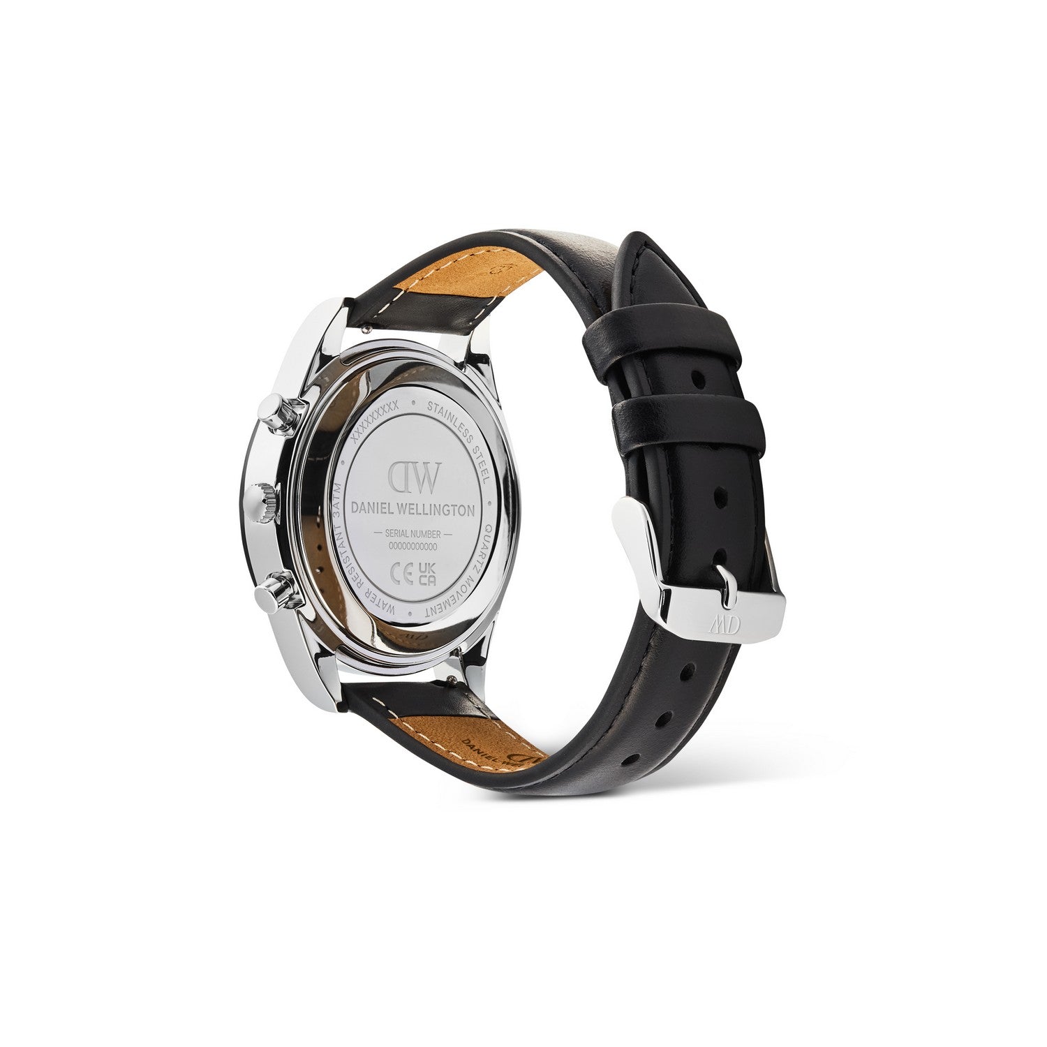 Daniel Wellington men's watch shown from the back, featuring a polished silver-tone stainless steel case and a black leather strap with tan stitching and a silver buckle.