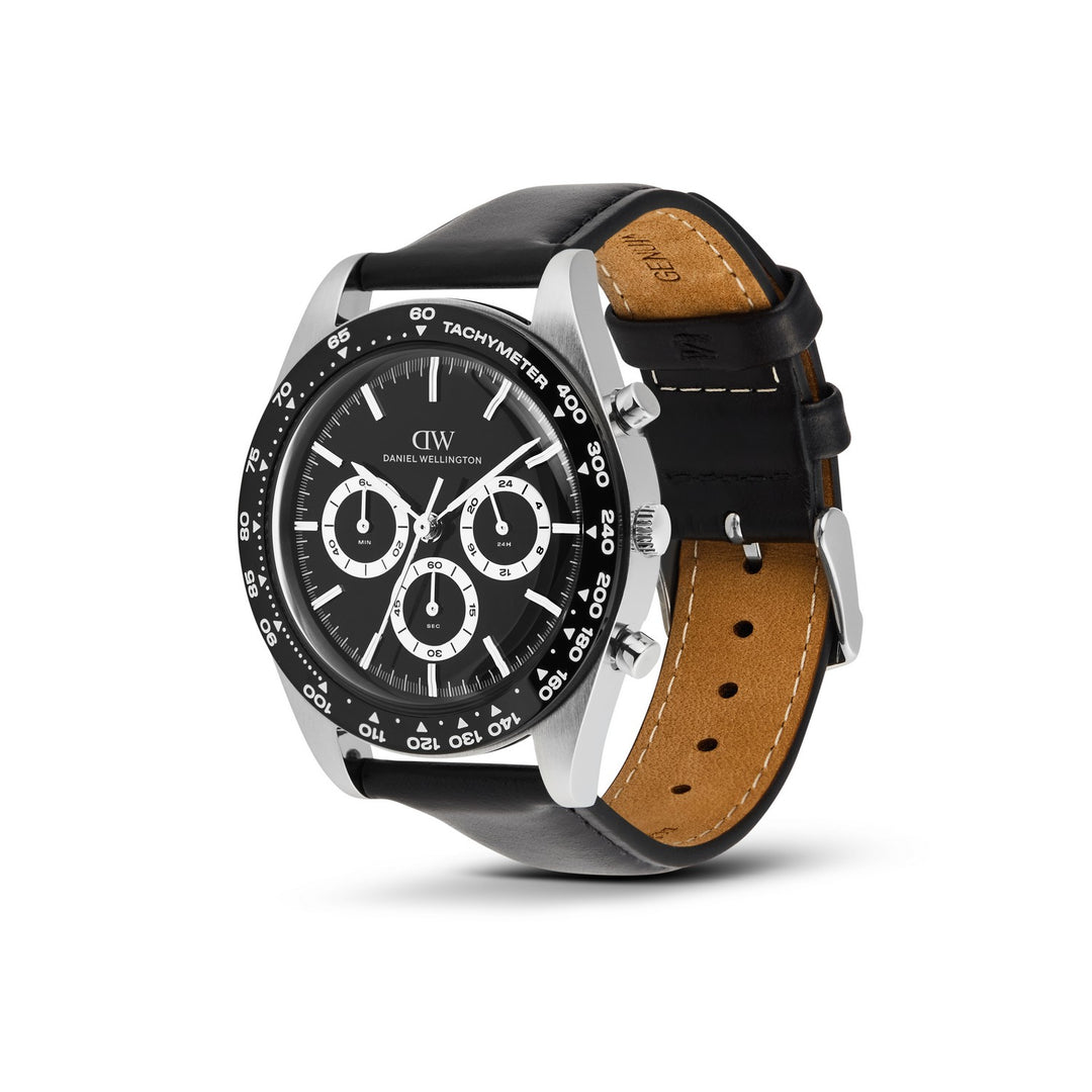 A Daniel Wellington wristwatch with a black leather strap, black dial, and silver-tone case, shown on a clean white background.