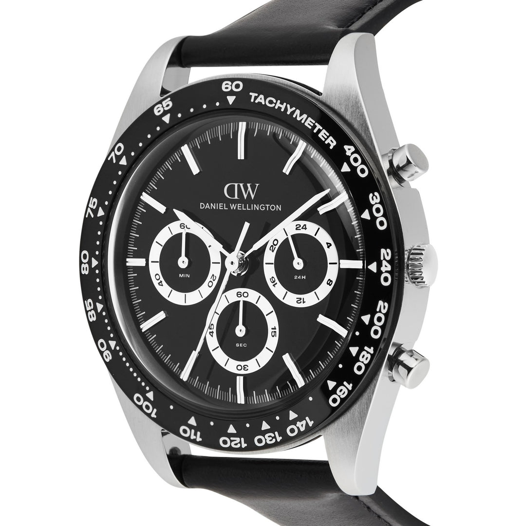 Daniel Wellington wristwatch with a black dial, silver-tone case, black bezel, and black leather strap, shown on a white background.