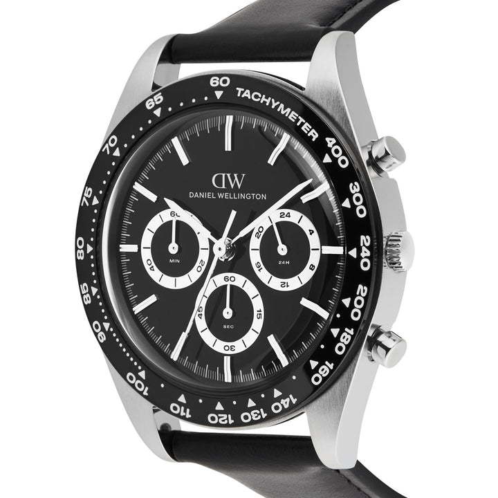 Daniel Wellington wristwatch with a black dial, silver-tone case, black bezel, and black leather strap, shown on a white background.