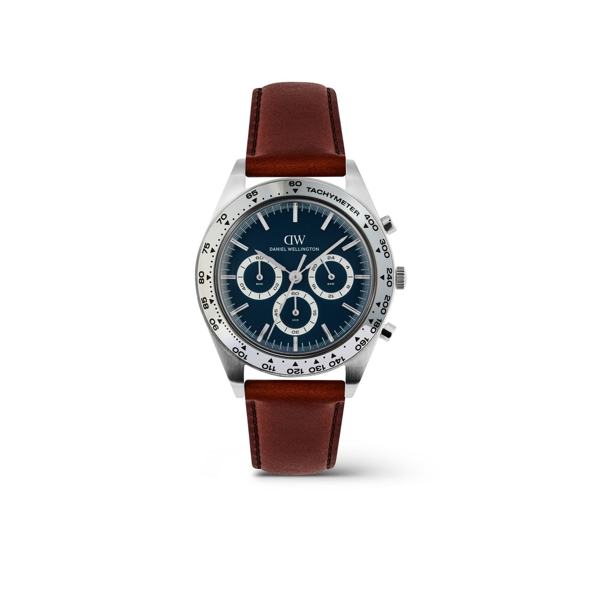 A Daniel Wellington wristwatch with a silver stainless steel case, a dark blue dial with three sub-dials, and a brown leather strap, shown against a plain white background.