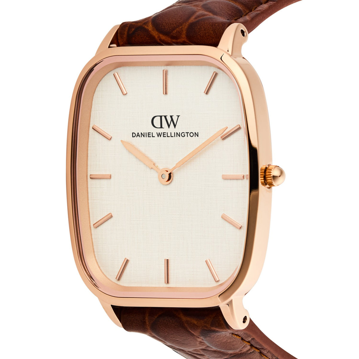 Daniel Wellington watch with a rectangular rose gold case, textured white dial, and brown leather strap on a white background.