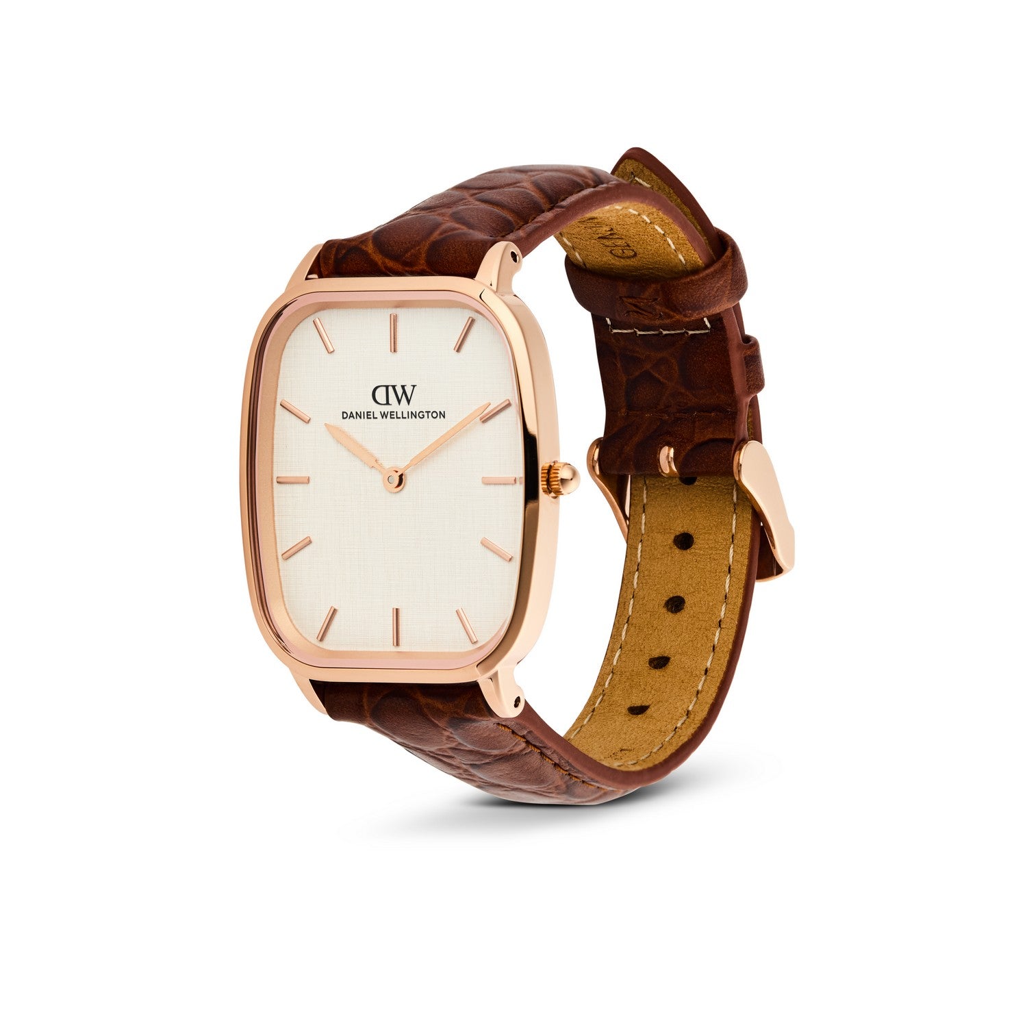 Daniel Wellington watch with a rose gold rectangular cushion-shaped case, cream dial, and brown crocodile-embossed leather strap, shown on a white background.