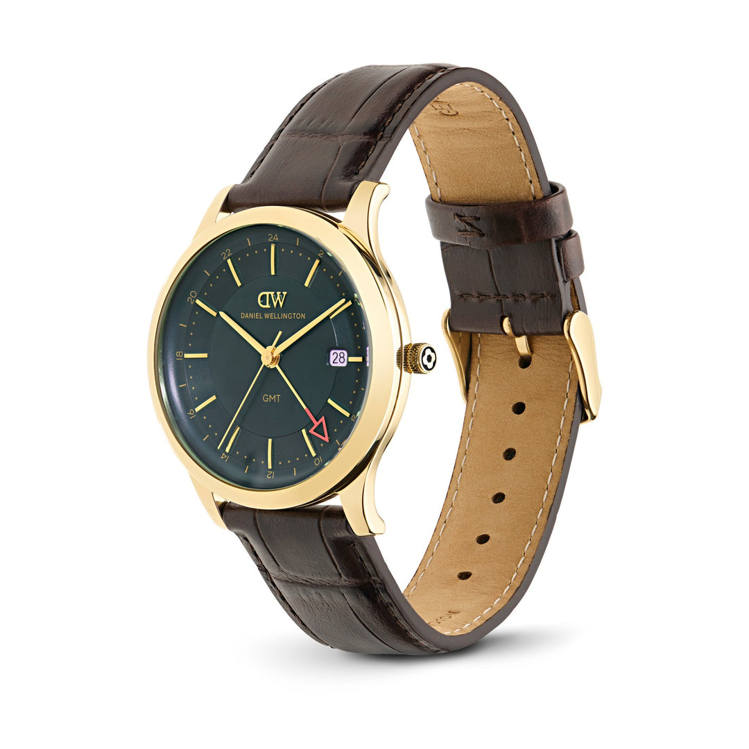 A Daniel Wellington wristwatch with a dark green dial, gold-tone case, and a dark brown leather strap with a tan interior, shown on a clean white background.