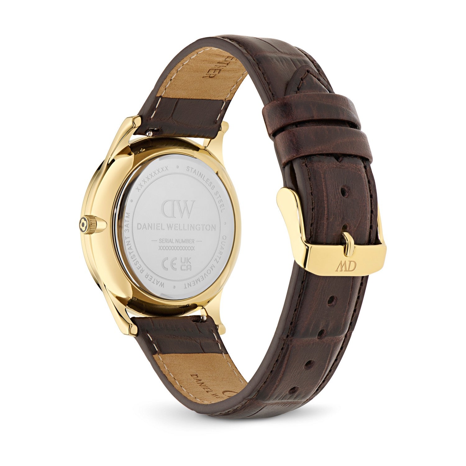 Daniel Wellington men's watch shown from the back, featuring a gold-tone case and a dark brown leather strap with a gold buckle.
