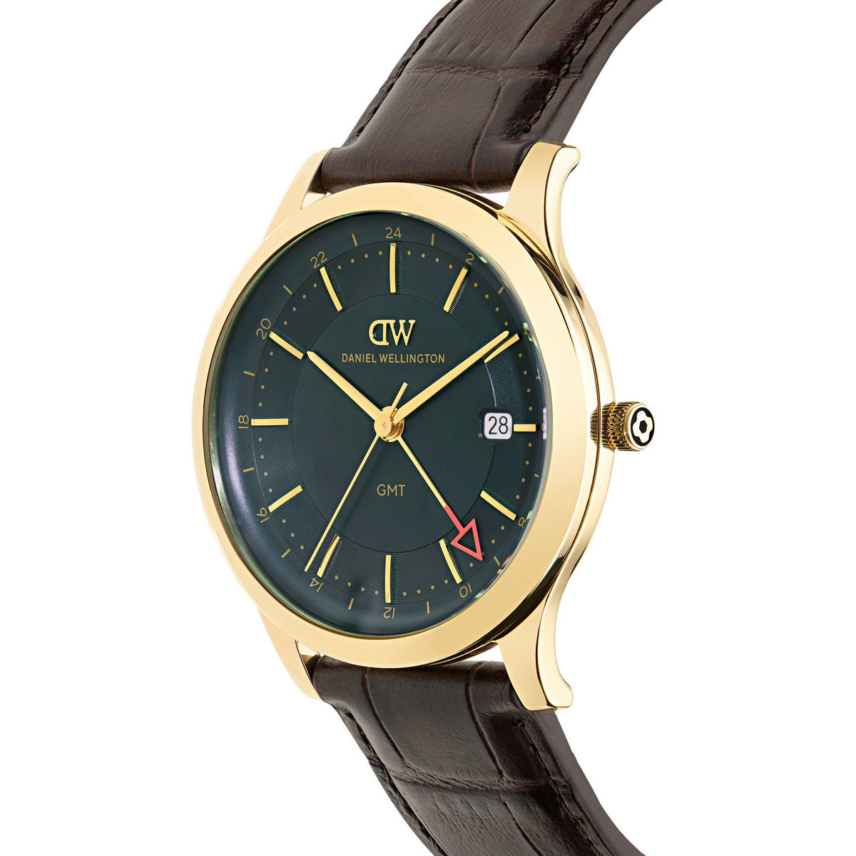 Daniel Wellington wristwatch with a gold-tone case, dark green dial, and brown leather strap, shown on a white background.
