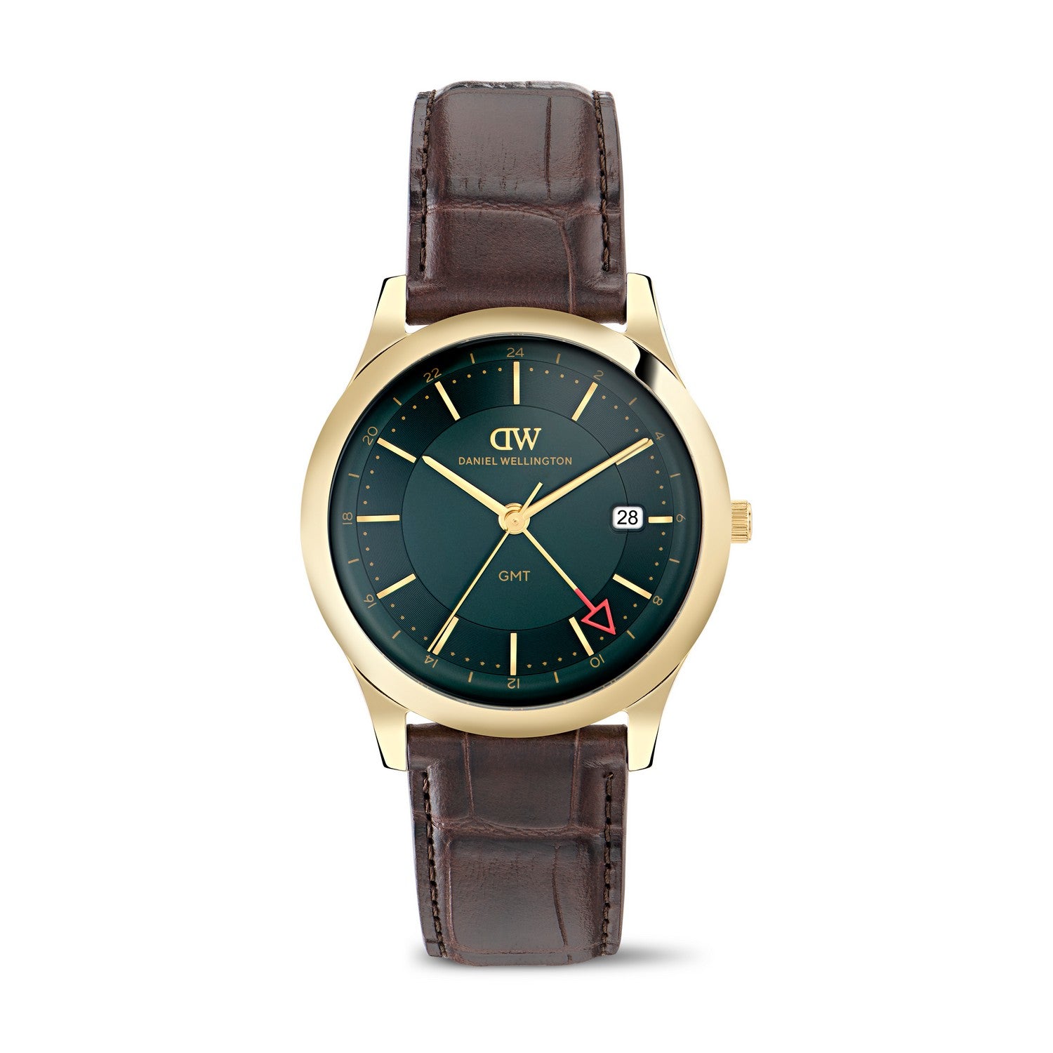 Daniel Wellington GMT watch with a gold-tone case, dark green dial, and brown leather strap, shown on a white background.