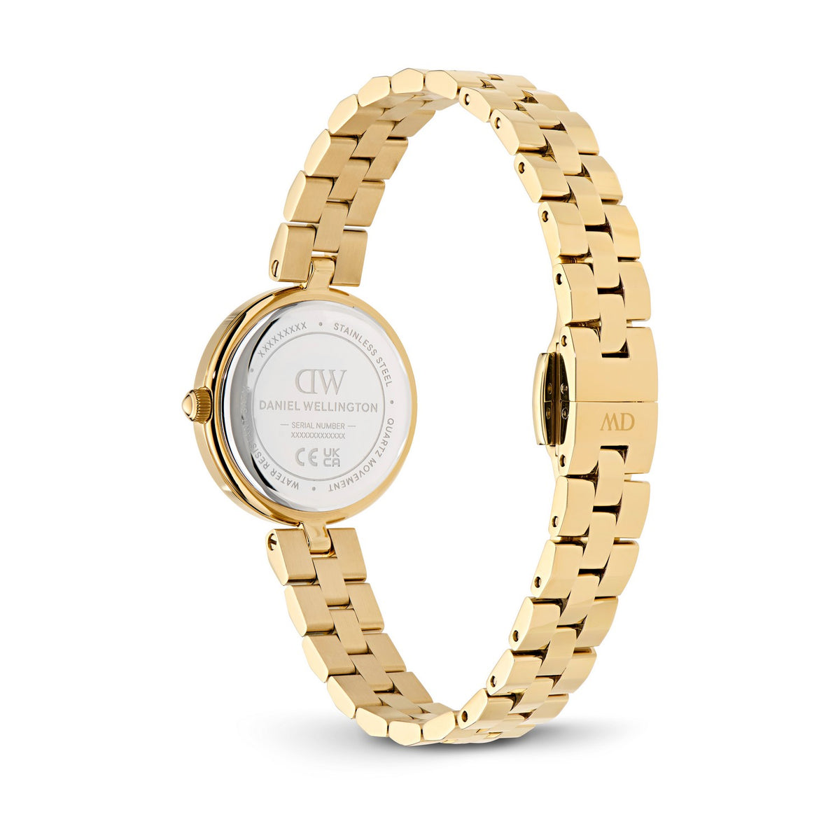 Gold stainless steel watch band with a round case, shown from the back on a white background. The back of the case features a silver dial with 'DW Daniel Wellington' branding and 'STAINLESS STEEL' text, and the clasp is marked 'DW'.
