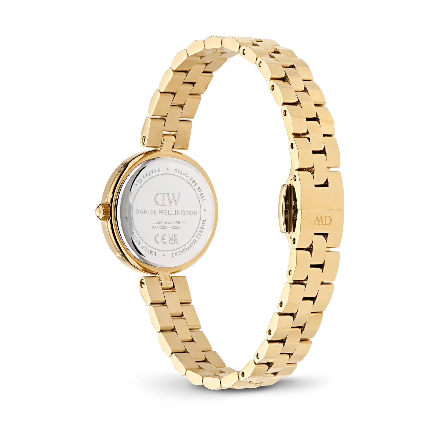 Gold stainless steel watch band with a round case, shown from the back on a white background. The back of the case features a silver dial with 'DW Daniel Wellington' branding and 'STAINLESS STEEL' text, and the clasp is marked 'DW'.