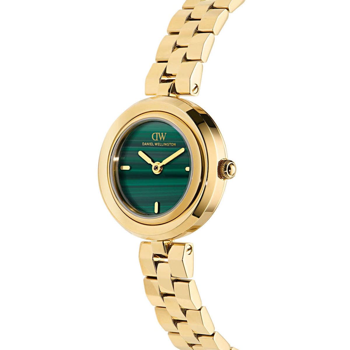 A gold-tone Daniel Wellington wristwatch with a green mother-of-pearl dial and a matching green and gold link bracelet, shown on a clean white background.