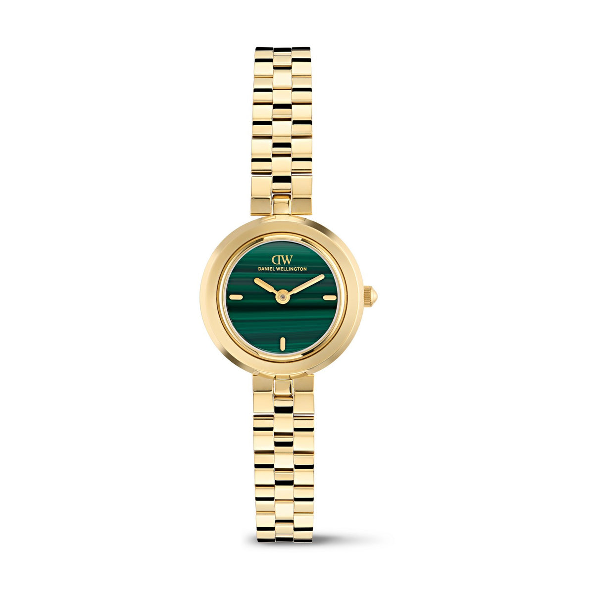 A Daniel Wellington wristwatch with a gold-tone metal bracelet and case, featuring a green malachite-style dial with gold hands and indices.