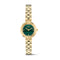 A Daniel Wellington wristwatch with a gold-tone metal bracelet and case, featuring a green malachite-style dial with gold hands and indices.