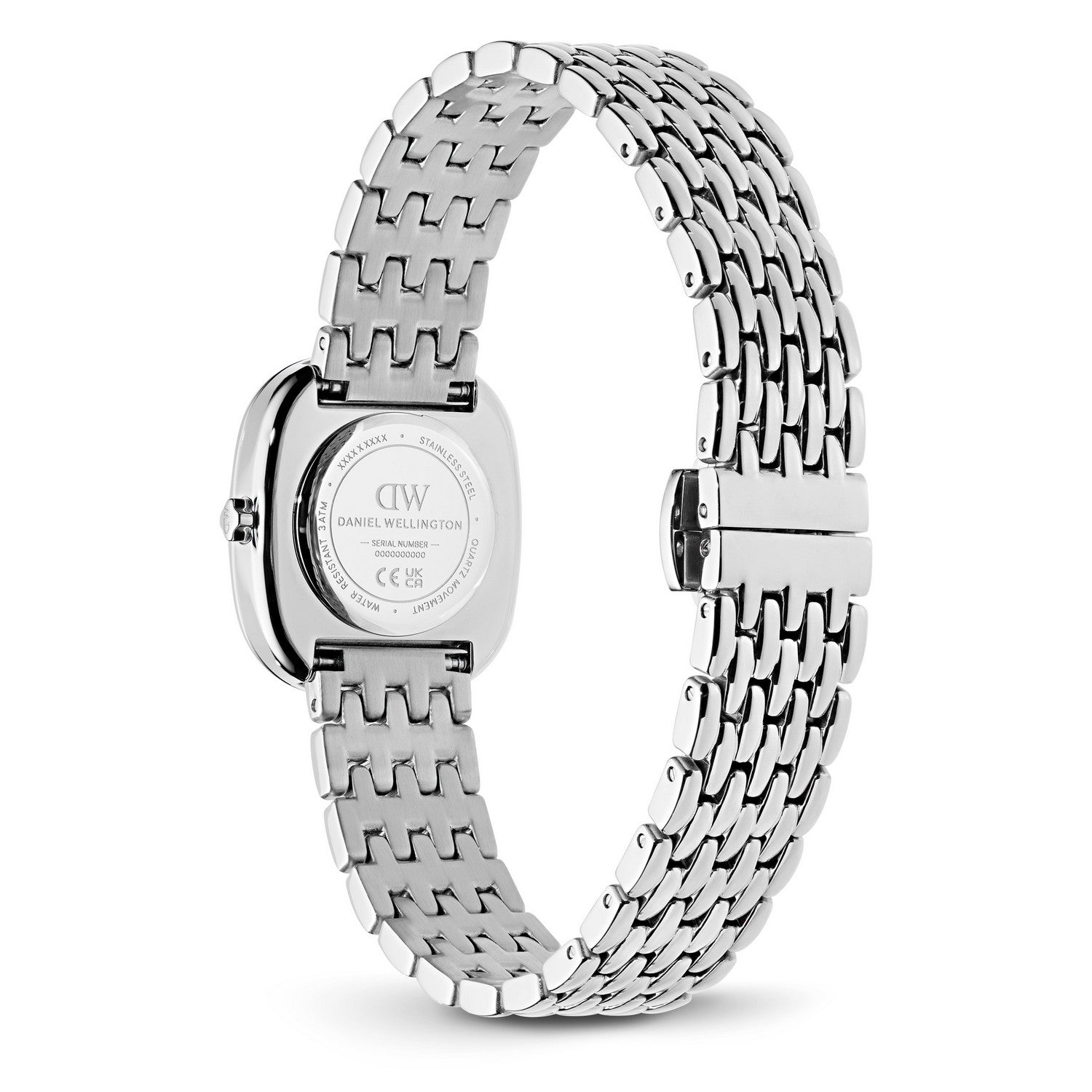 Silver stainless steel watch band with a wavy interlocking link design, shown from the back on a white background.