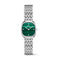 Daniel Wellington women's watch featuring a green malachite dial and a silver-toned stainless steel link bracelet, shown against a plain white background.