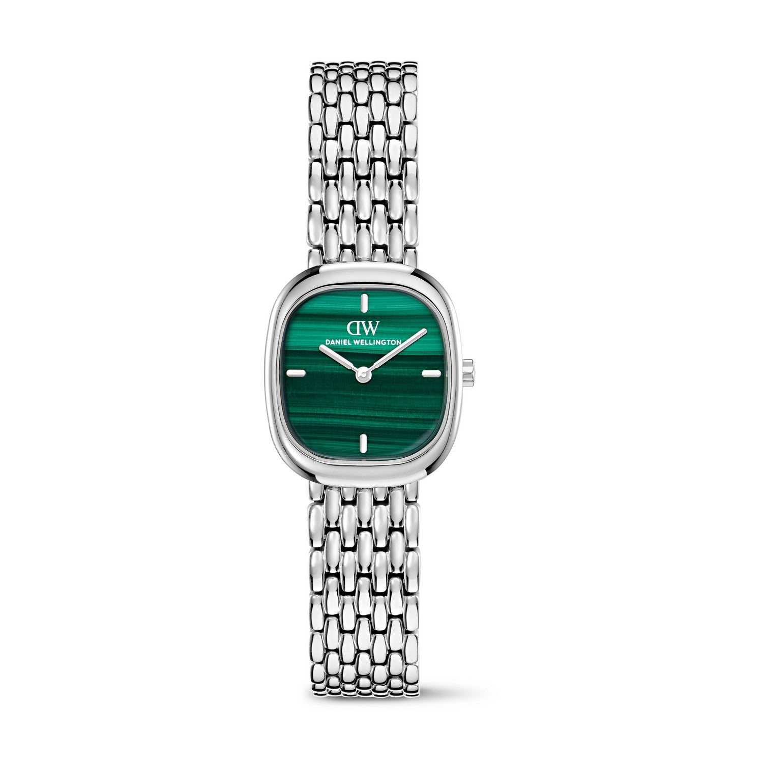 Daniel Wellington women's watch featuring a green malachite dial and a silver-toned stainless steel link bracelet, shown against a plain white background.