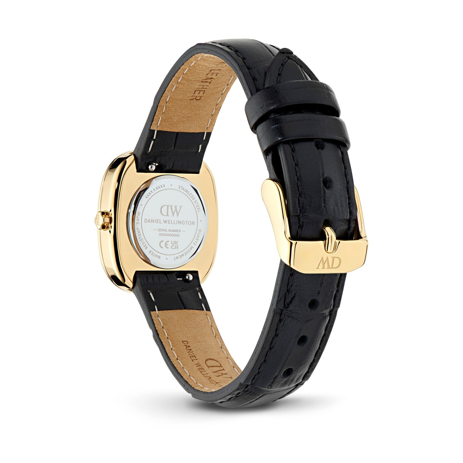 Daniel Wellington watch with a black leather strap and gold case, shown from the back on a white background.