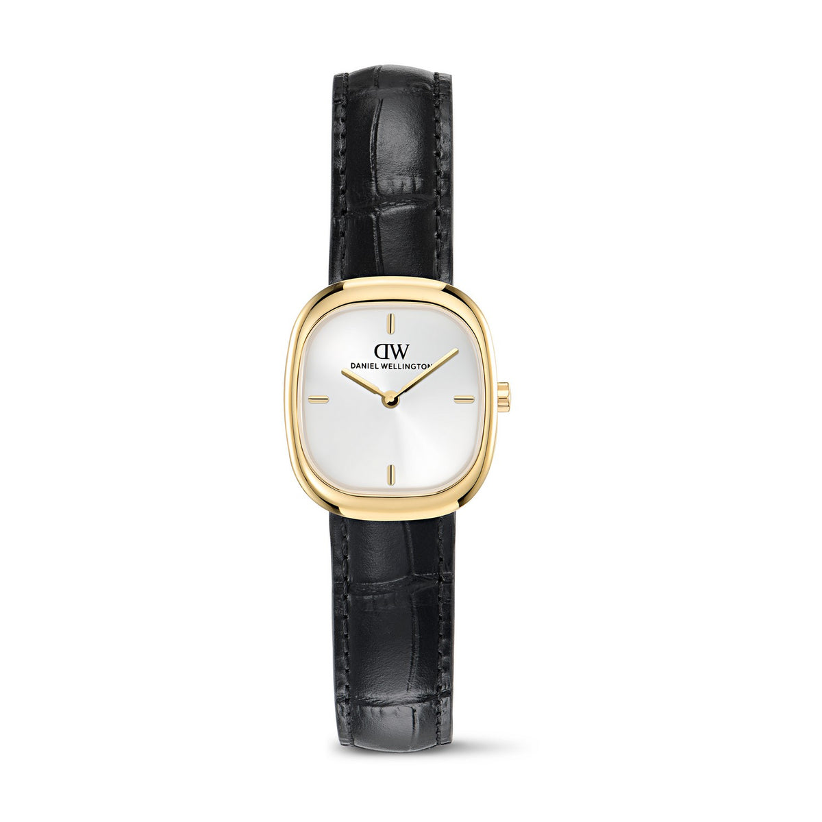 Daniel Wellington watch with a gold-tone rounded rectangular case, white dial, and black alligator leather strap, shown on a clean white background.
