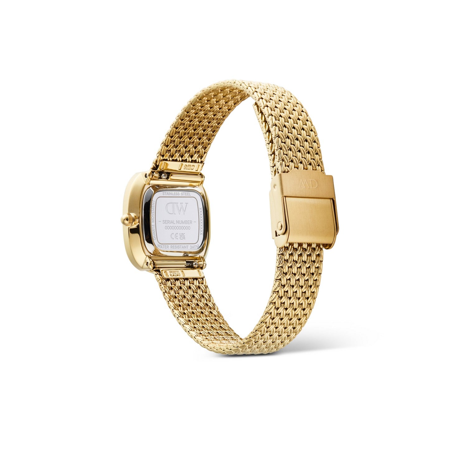 Gold-tone women's watch with a mesh metal band, shown from the back on a clean white background. The case and clasp are gold-toned, and the back of the case features the 'DW' logo and 'Swiss Made' text.