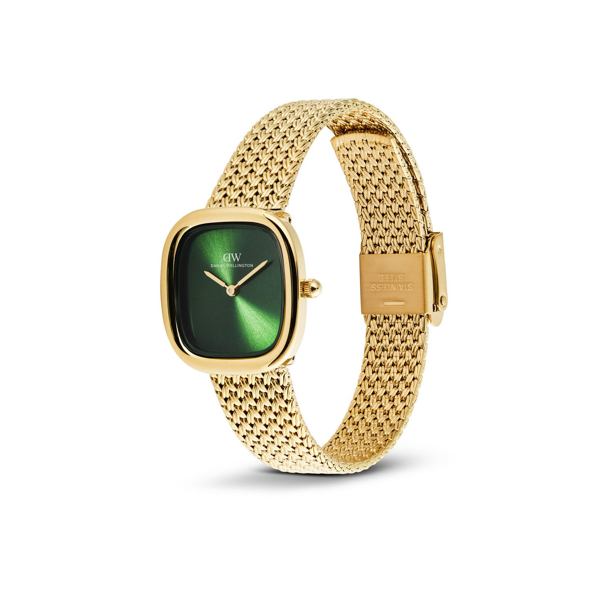 A Daniel Wellington watch with a gold-tone mesh strap and a square green dial, shown on a clean white background.