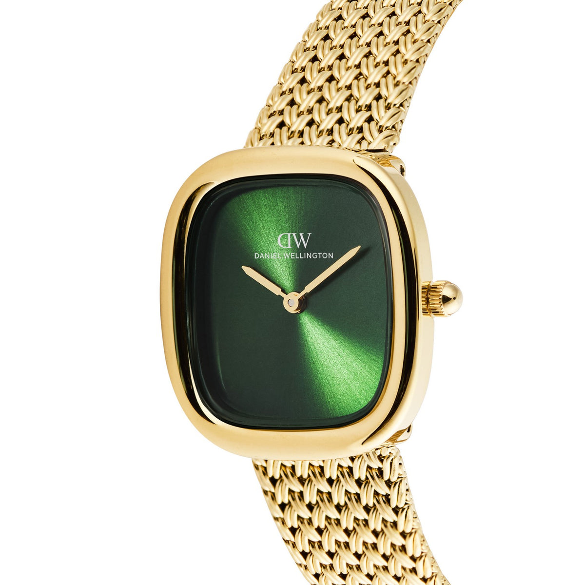 Daniel Wellington women's watch featuring a gold-tone case, green sunburst dial, and a matching gold-tone mesh strap, shown on a clean white background.