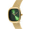 Daniel Wellington women's watch featuring a gold-tone case, green sunburst dial, and a matching gold-tone mesh strap, shown on a clean white background.