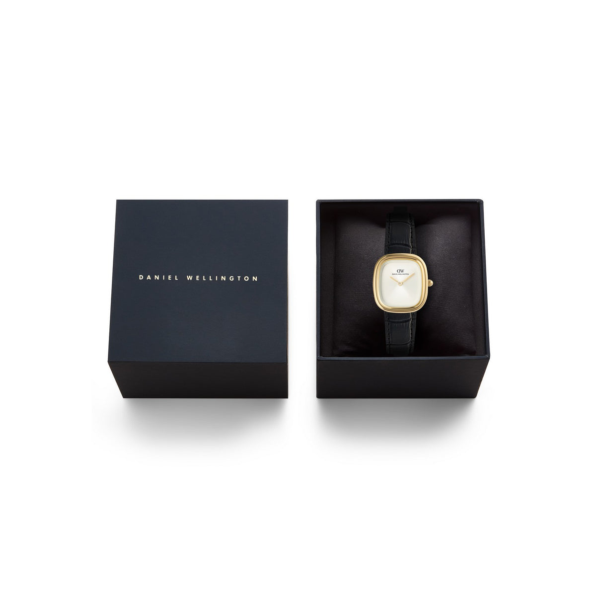 Daniel Wellington watch in a black box on a white background